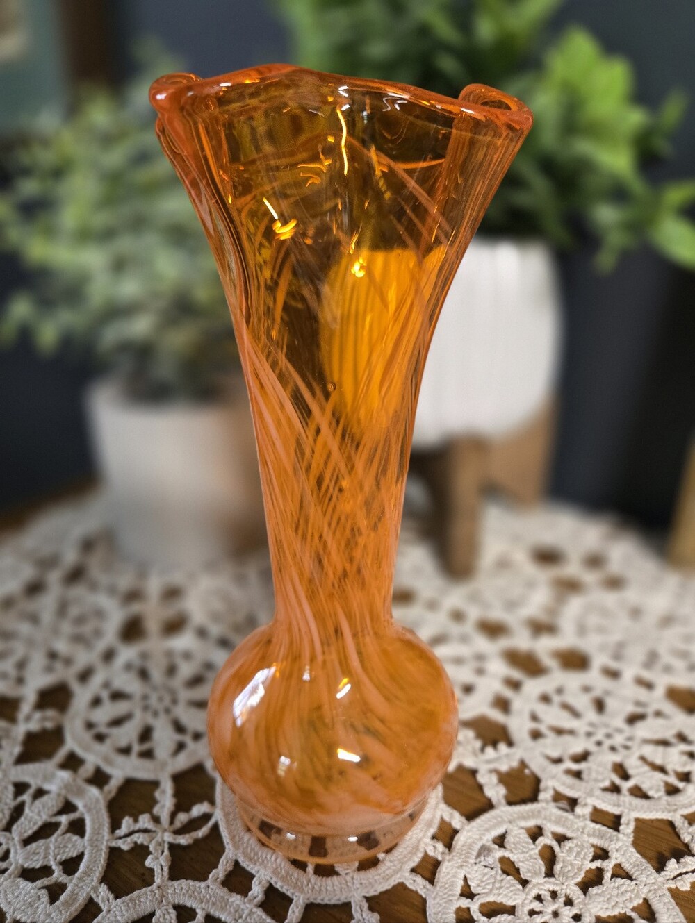 Orange Hand-Blown Art Glass Vase – Twisted Spiral Design